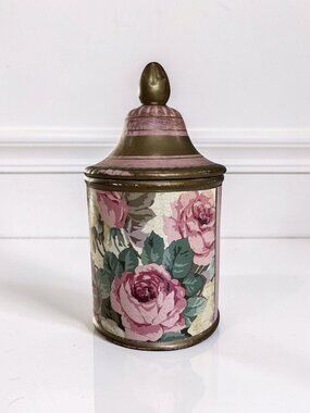Vintage Ceramic Shabby Chic Floral Canister / Caddy with Pink Roses / Peony 9"H